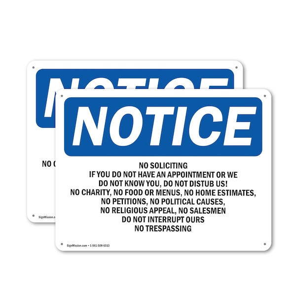 Signmission No Soliciting If You Do Not Have An Appointment OSHA Notice Sign, Plastic, 14in W x 10in L, 2PK OS-2PACK-NS-P-1014-L-14823 - main